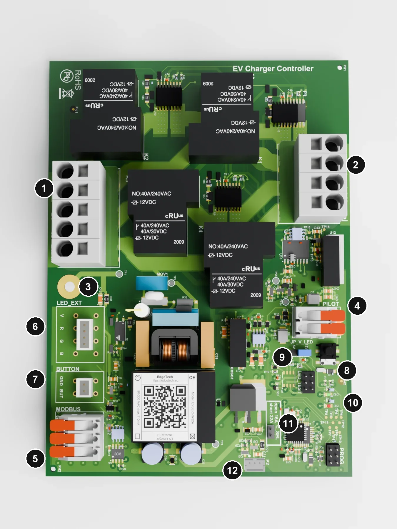 Charge controller EVSE-C-3x32A seen from above with numbered connections