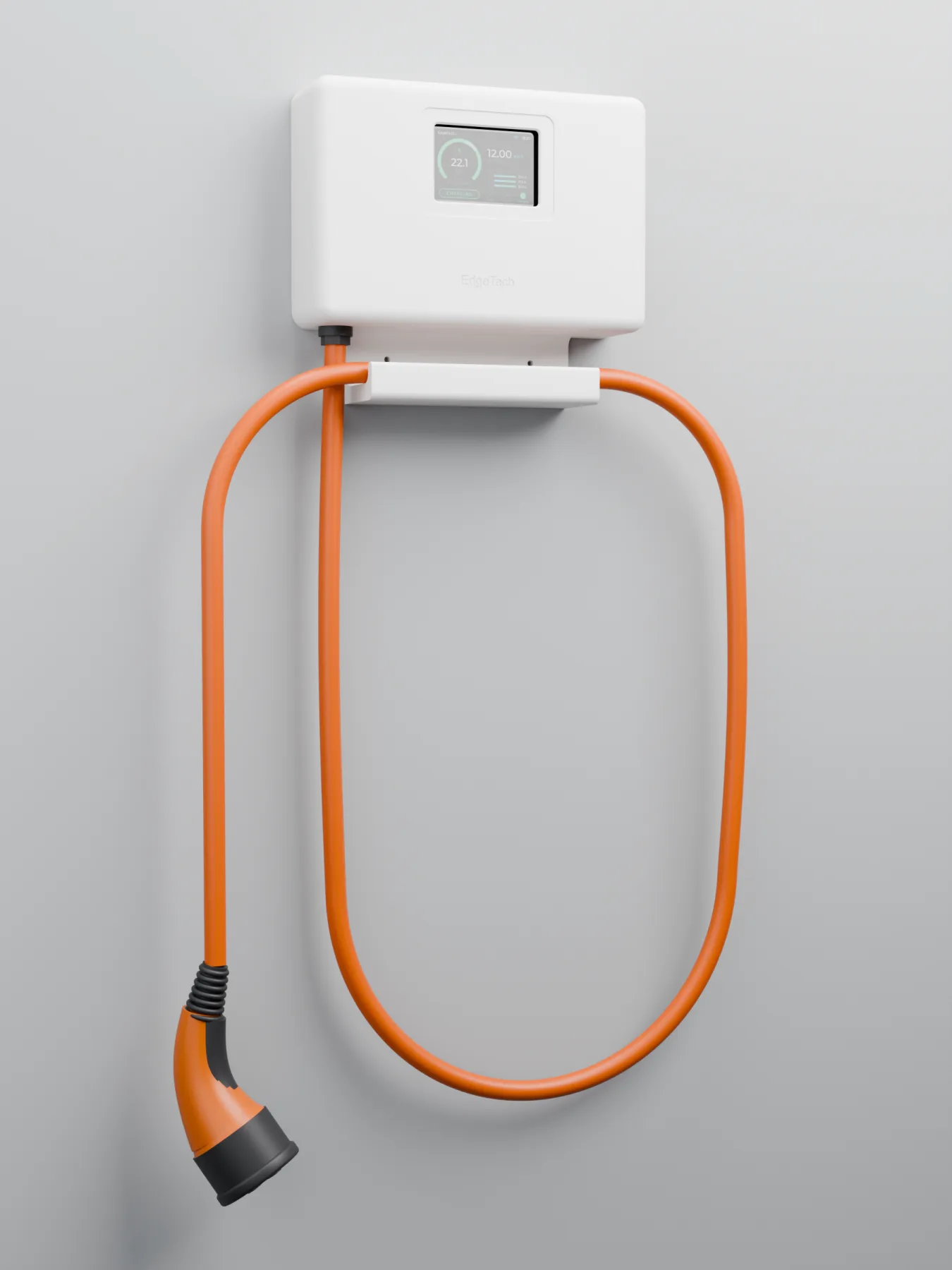 Laadpaal met display aan de muur, oranje type 2-kabel over de kabelsteun gelust