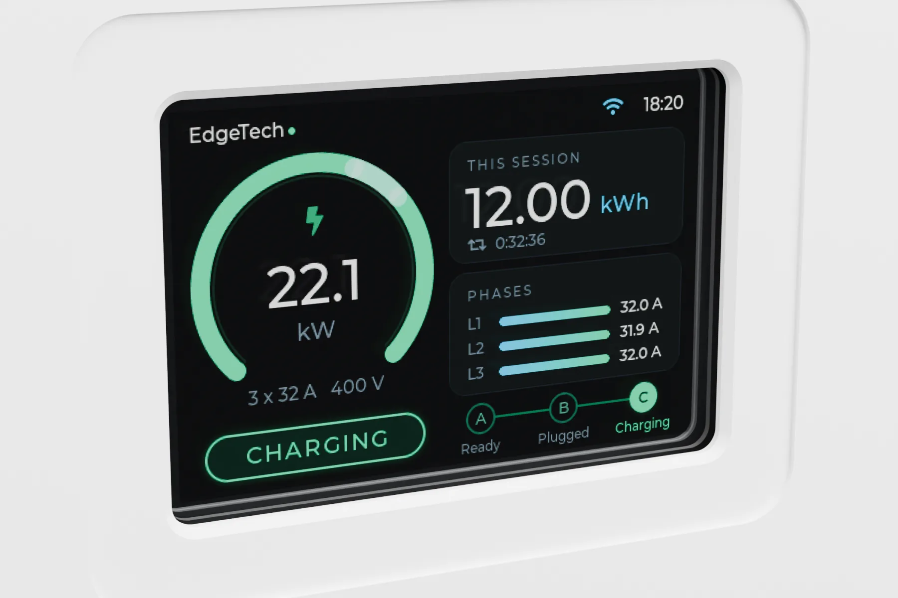 Close-up van het display: 22,1 kW, 12,00 kWh energie in de laadsessie, stroom per fase, status Charging