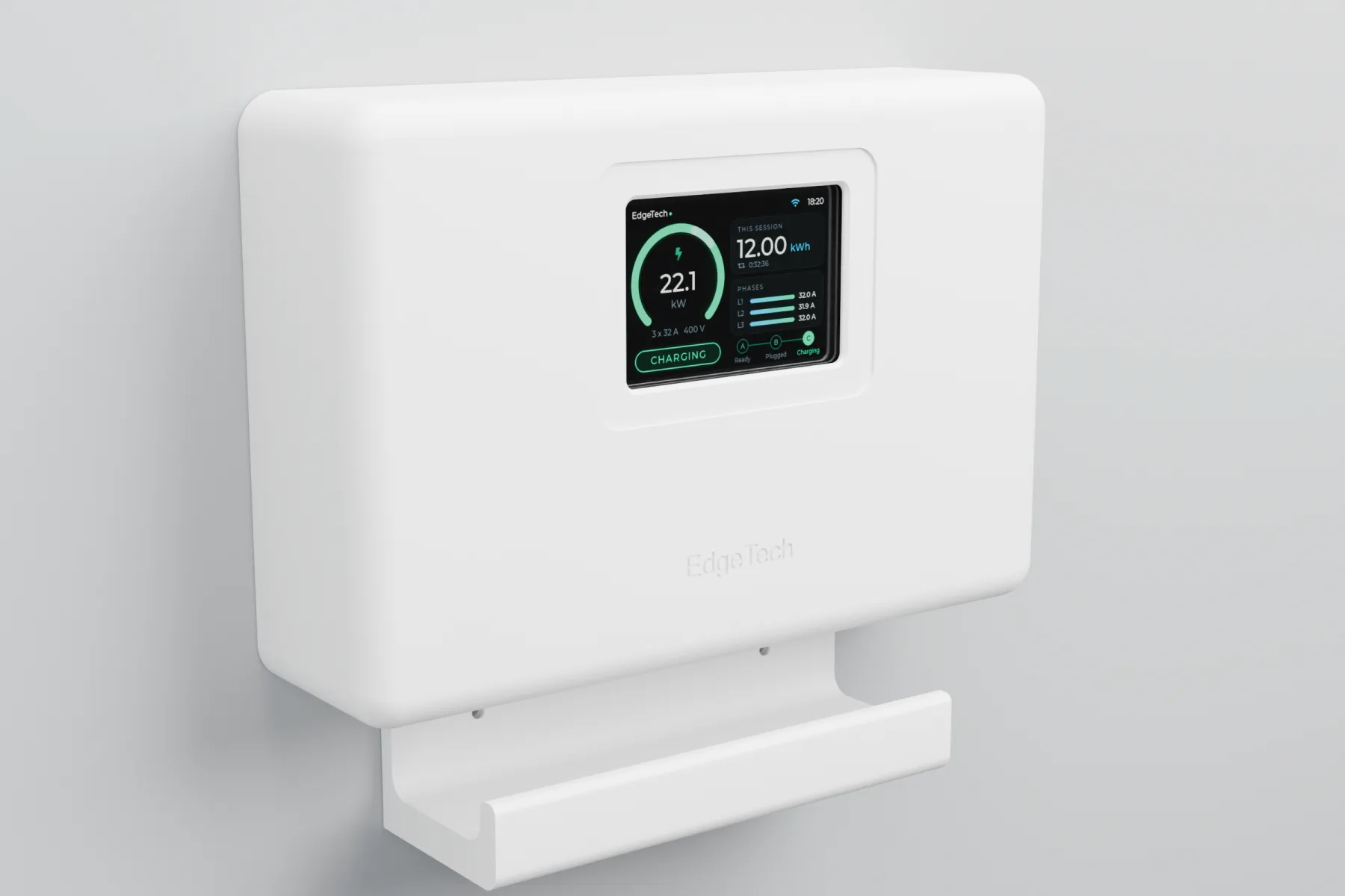 Charger with display: white front shroud with a colour display, three-quarter view