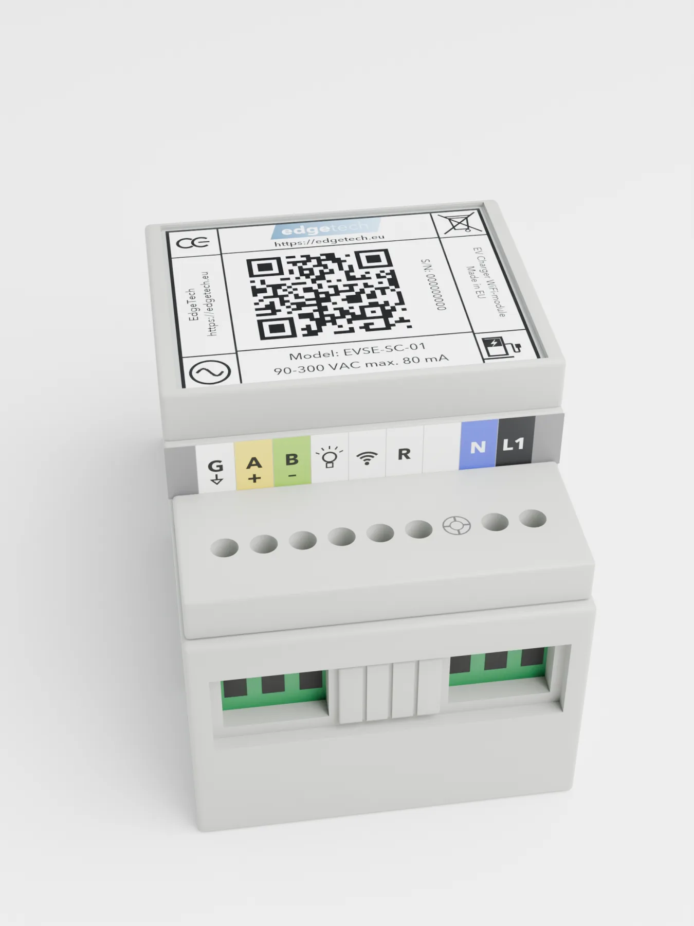 Edge Load Balancer EVSE-SC-01: zijde met de aansluitklemmen voor de RS485-bus (G, A+, B−), led en voeding