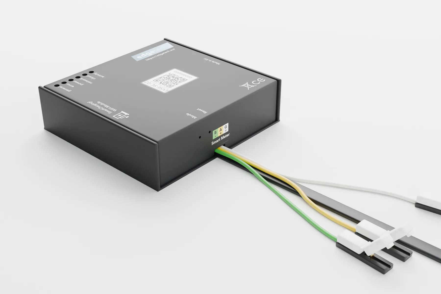 Site controller EVSE-SC-02: black box with the Modbus wires and the P1 cable