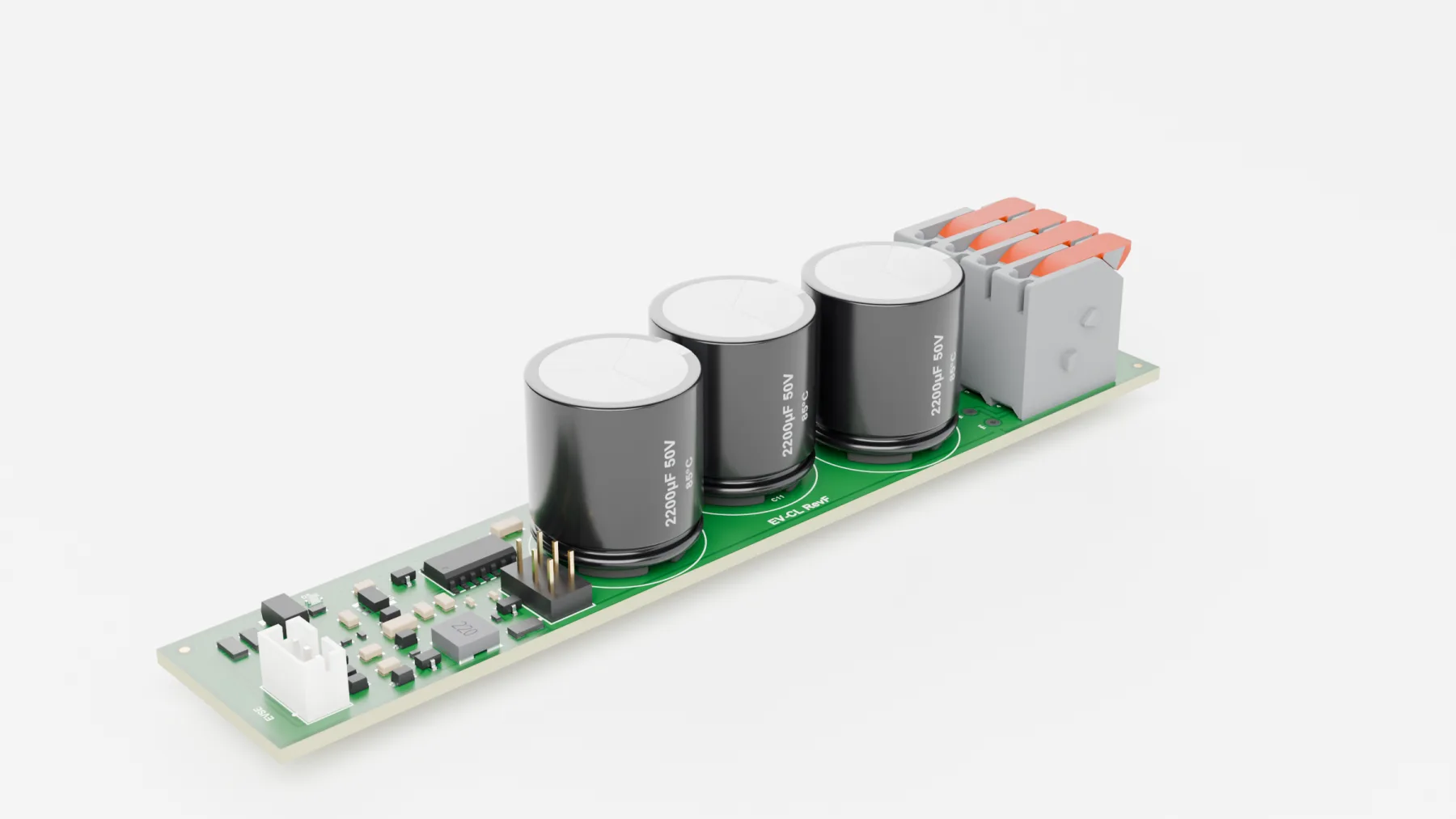 Cable lock driver board EVSE-X-CL: long narrow green board with three large reserve capacitors and a 4-pole push-in terminal with orange levers