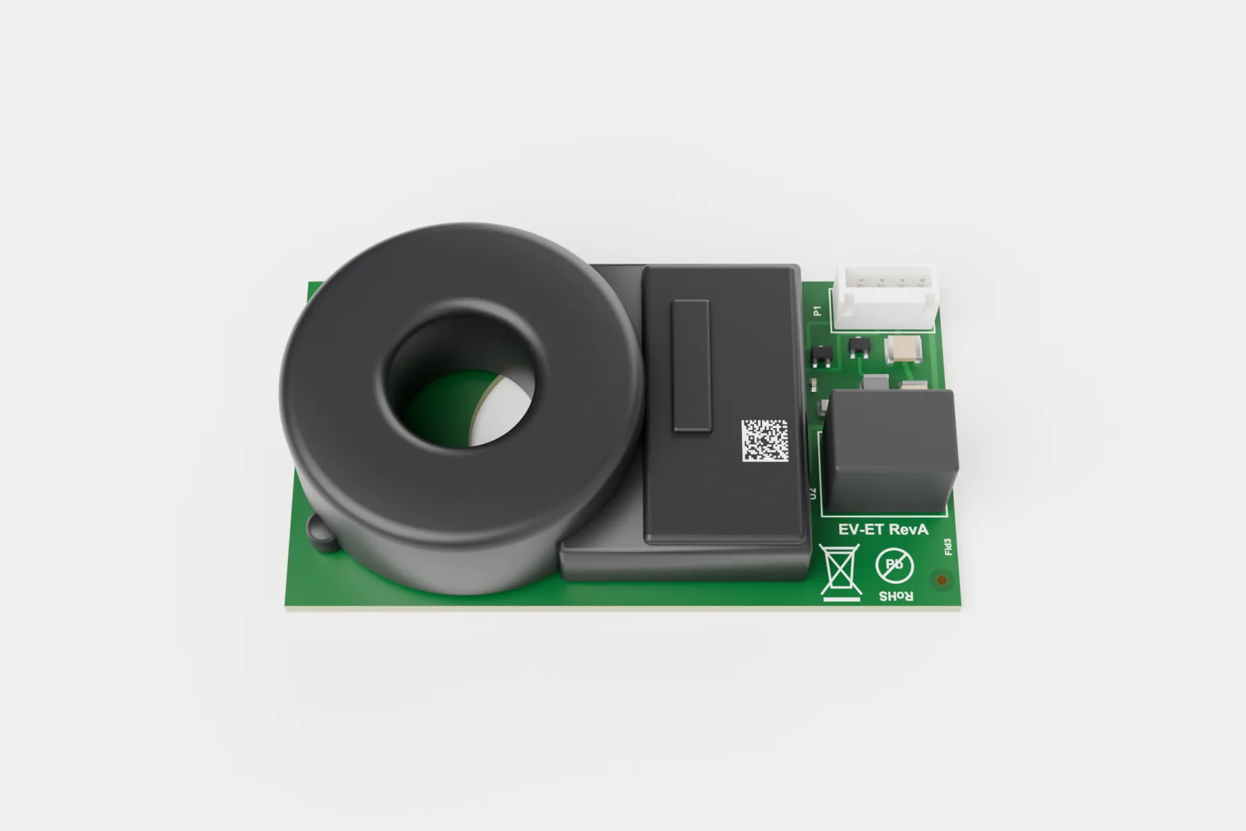 RDC-DD board EVSE-X-DCD: green board with the round sensor ring, the measuring module and the 4-pin connector