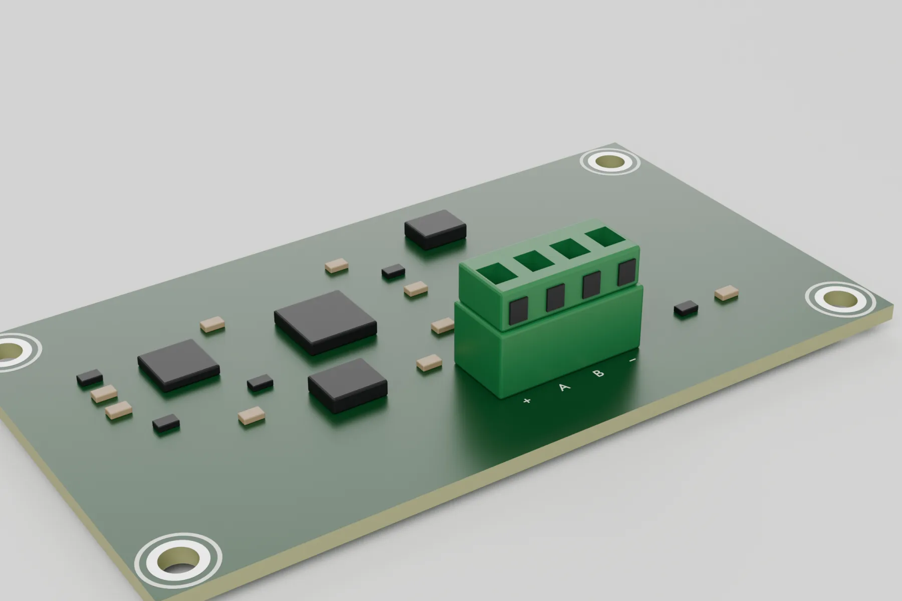NFC card reader EVSE-X-NFC: small green board with four corner holes and a 4-pole terminal marked + A B −