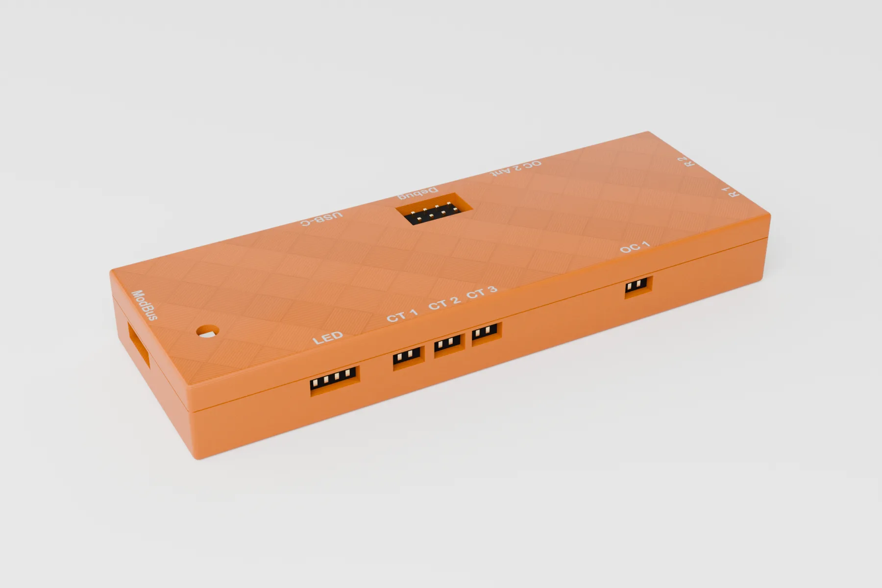 GridShield unit: orange box with the LED, CT 1–3 clamp and OC 1 connectors and the Modbus port