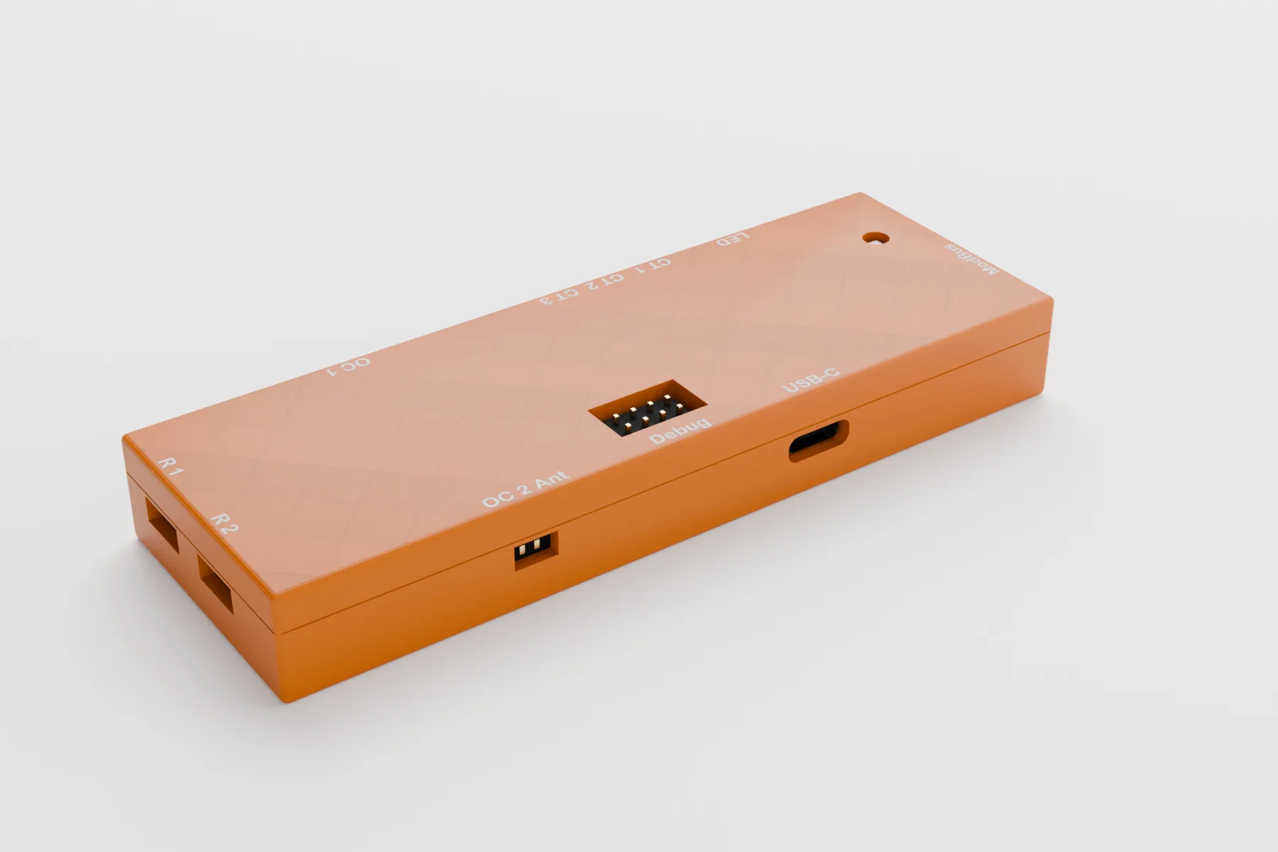 GridShield unit, other side: USB-C, OC 2 / antenna connector and the relay outputs R1 and R2