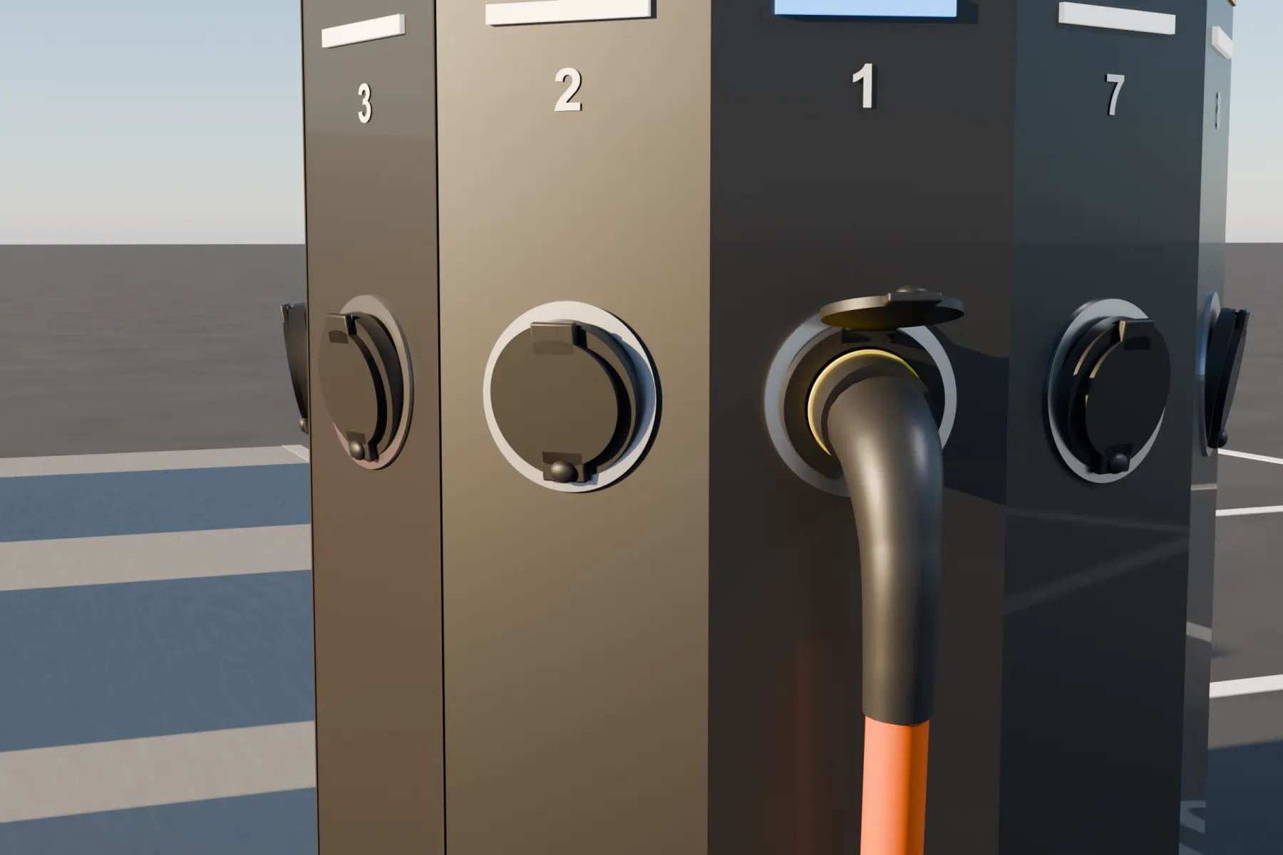 Close-up of the design A column: round Type 2 sockets with bay numbers above them, socket 1 in use