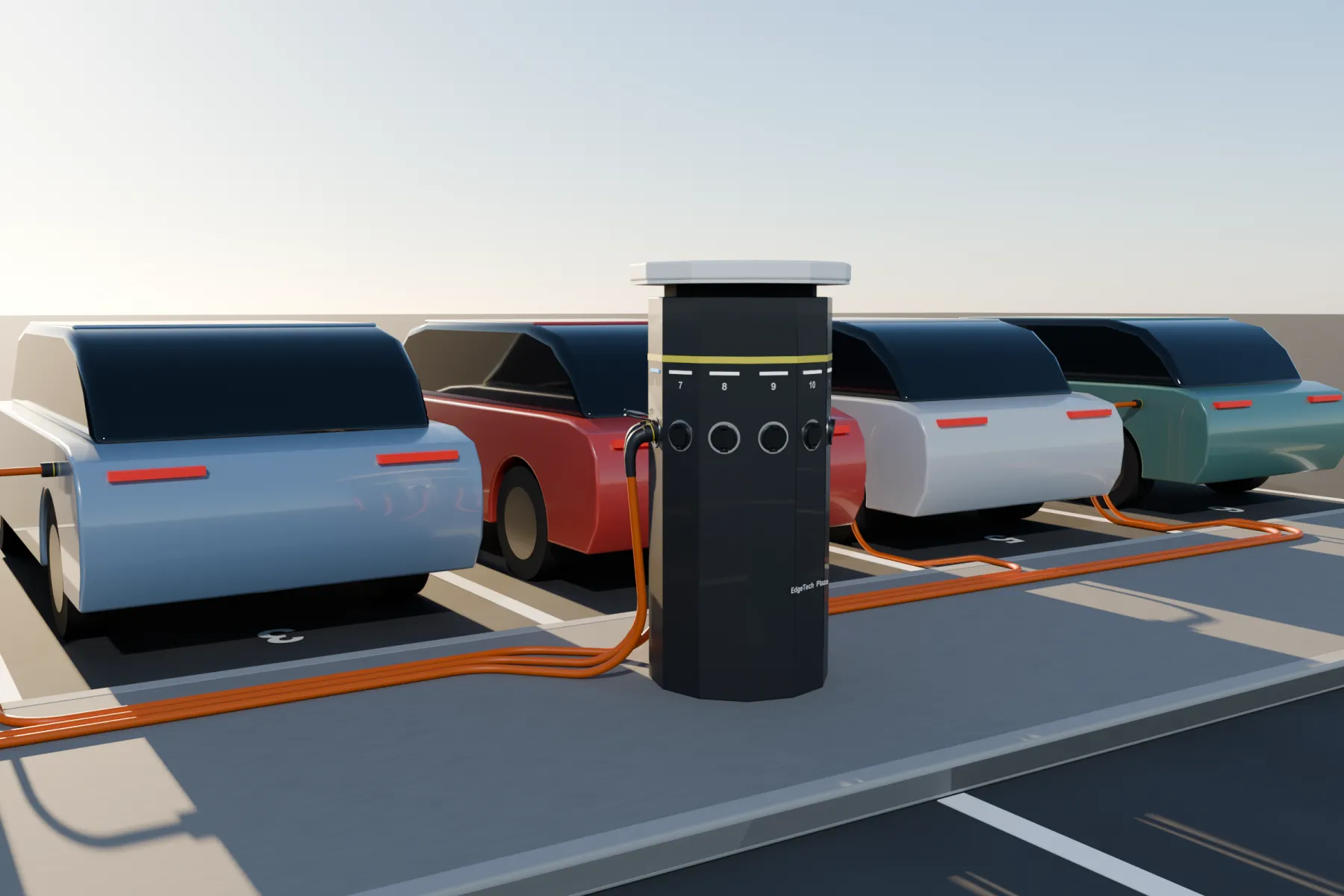 Concept render of design A: one 12-sided EdgeTech Plaza column on an island between two rows of parked cars, with charging cables to six cars
