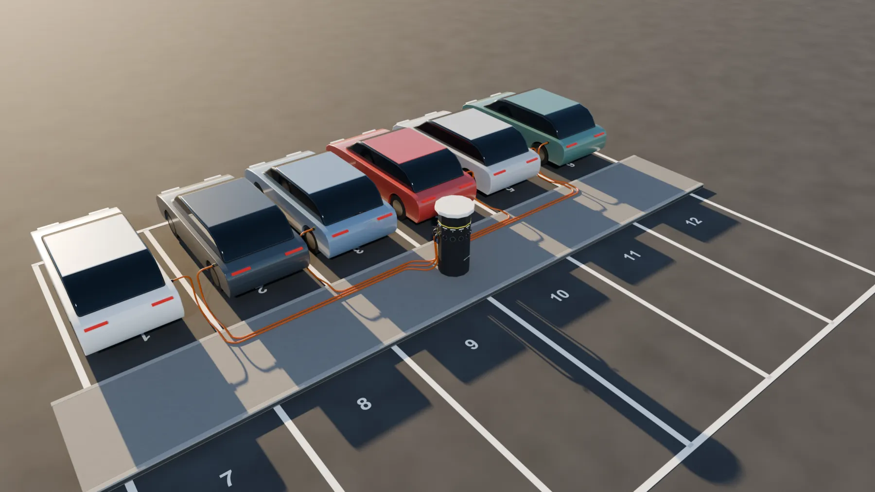 Hoog aanzicht van ontwerp A: twee rijen van zes parkeervakken met één centrale zuil