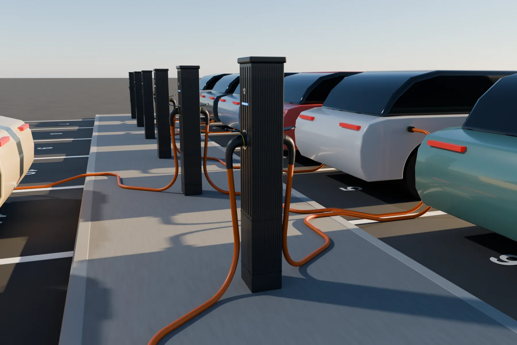 Close-up of a design C pole with two charging cables plugged in, more poles behind it