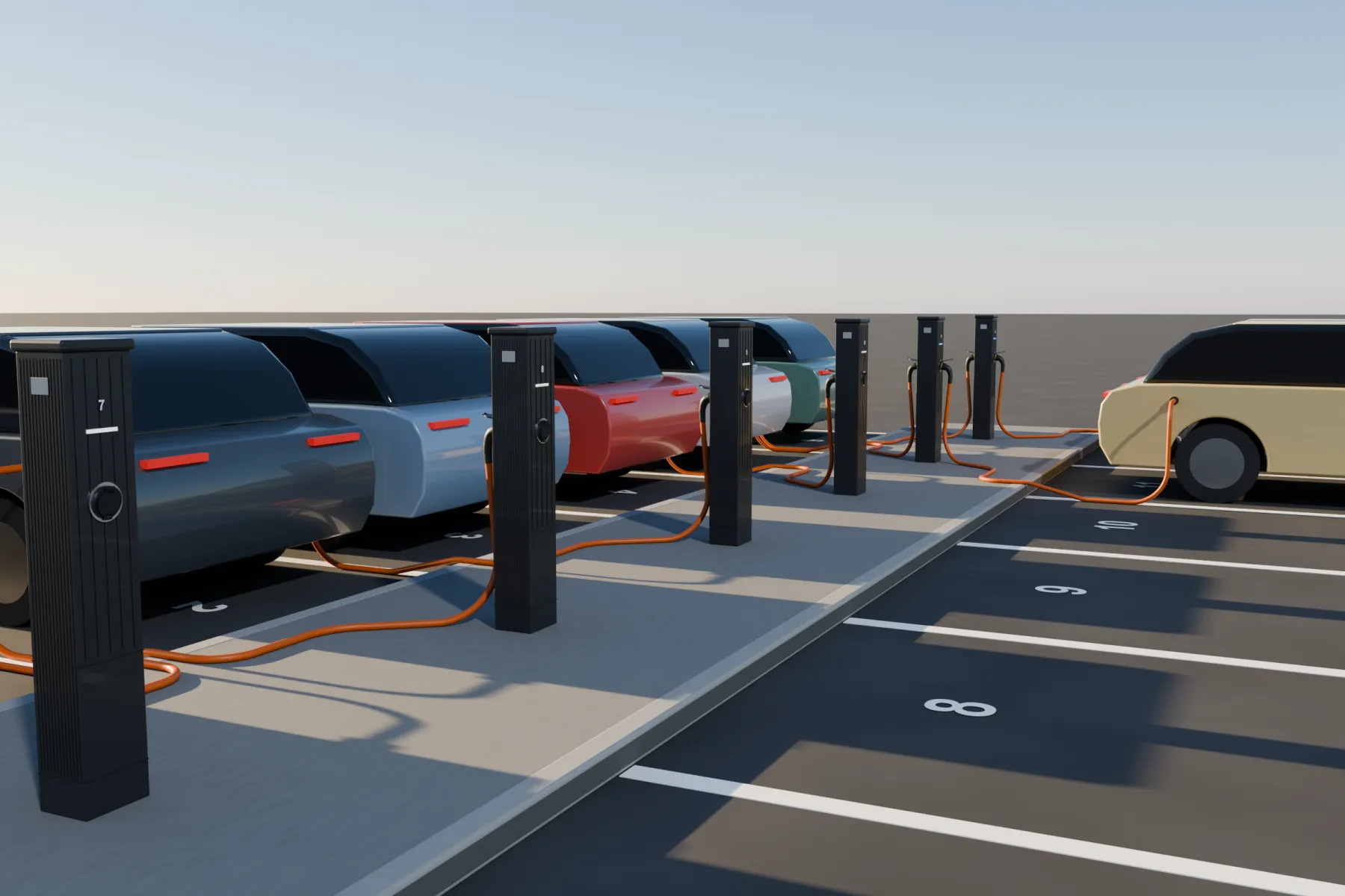 Concept render of design C: a row of slim anthracite poles on an island between two rows of parking bays, each pole with a cable to a car