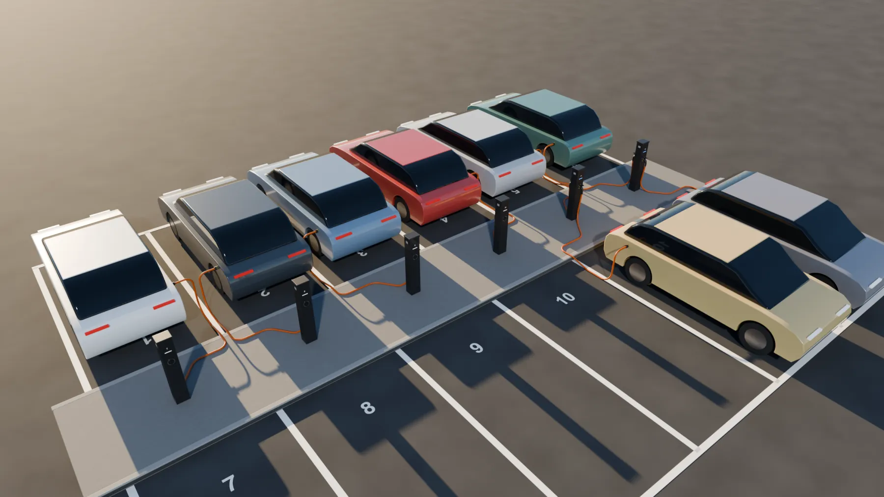 Hoog aanzicht van ontwerp C vanuit dezelfde camera: twee rijen van zes parkeervakken met zes dubbele laadzuilen