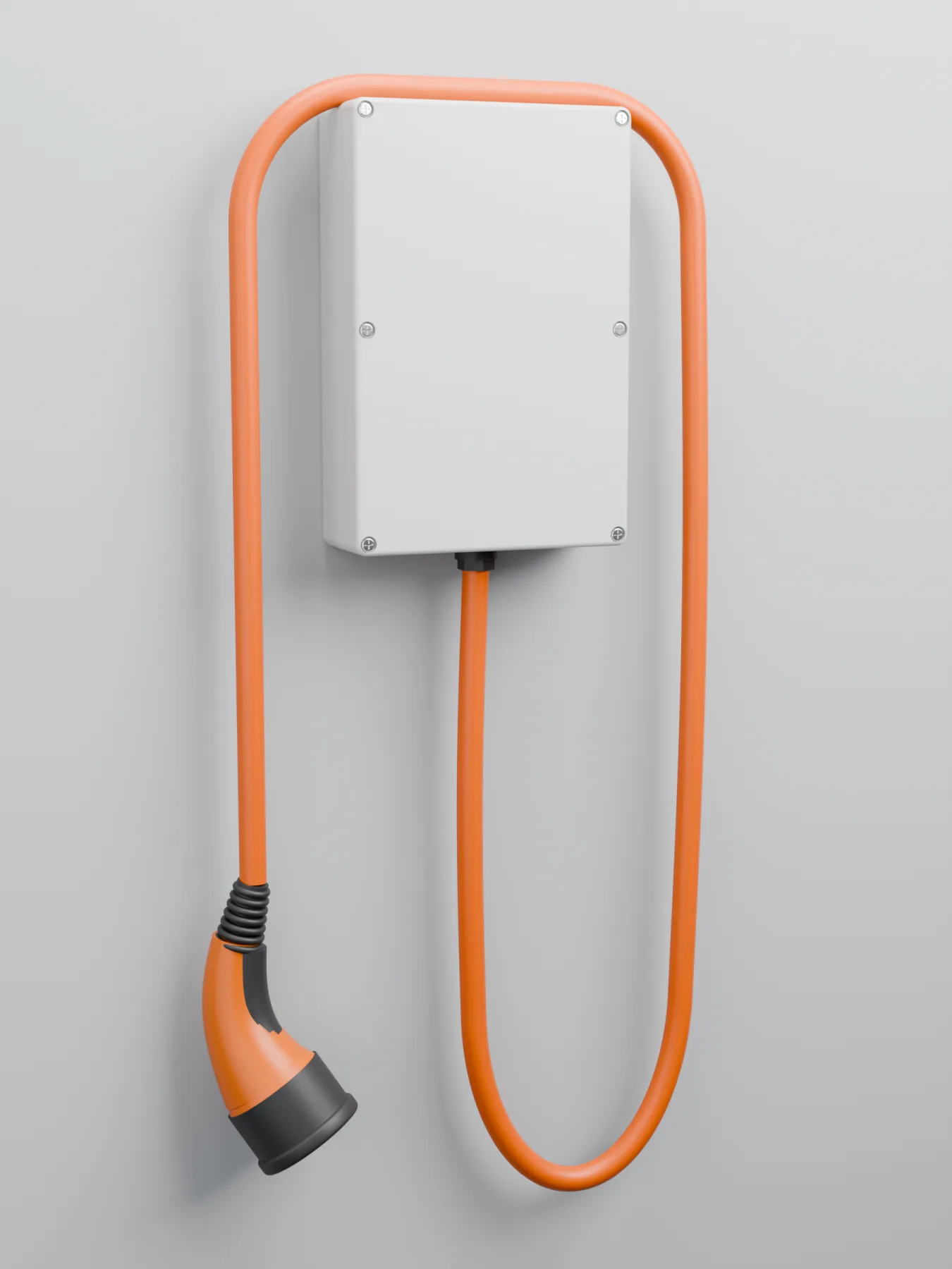 Simple charger mounted portrait with an orange Type 2 cable looped over the box